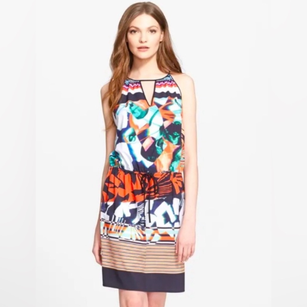 Clover Canyon Orange and Blue V-Neck Bodycon Mini Dress